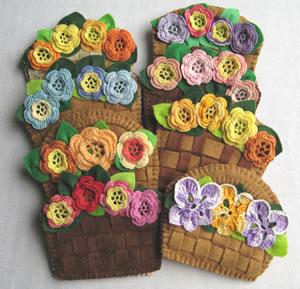 Needle case baskets with crochet Irish roses